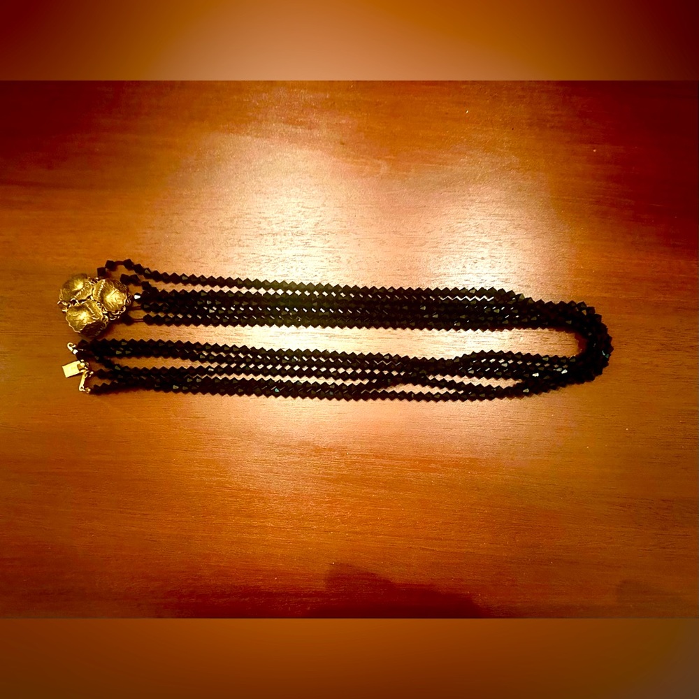 Antique Multi Strand Black Faceted Crystal Bead Necklace with Gold Plated Clasp